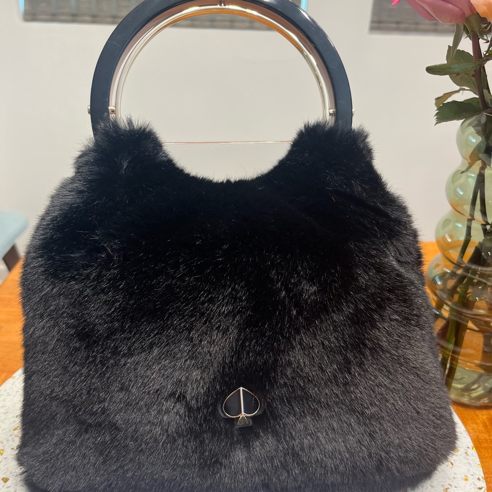 Kate Spade Betty- Black Faux Fur Handbag with Circle Sparkle Handle